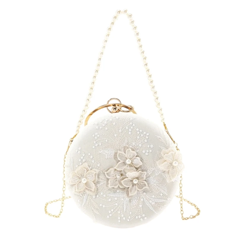 Traditional Chinese Artistic Embroidery Pearls Round Evening Bag Shoulder Purse