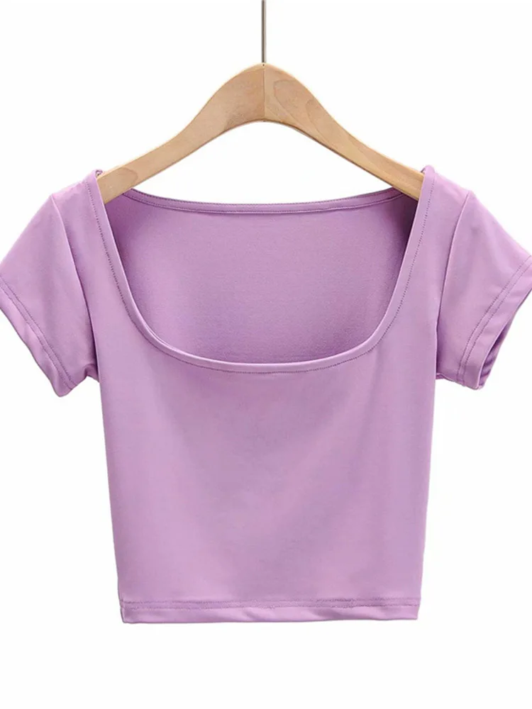 Women Petite Cap Sleeve Square Neck Crop T-shirt