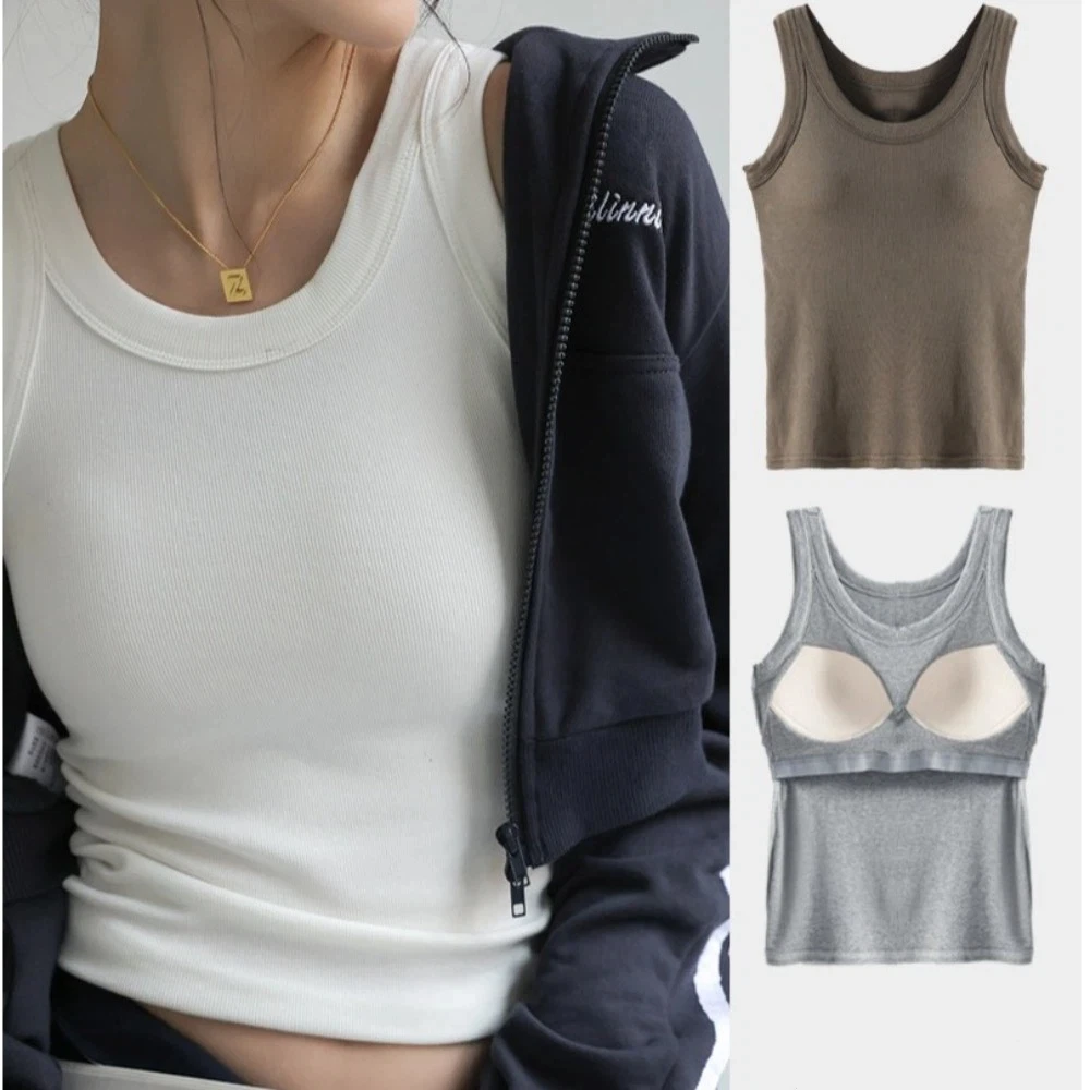 Solid Color Ribbed Tank Top Round Neck Elastic Fabric 2-in-1 Combo Top with Chest Pad Breathable Material All-in-One Camisole