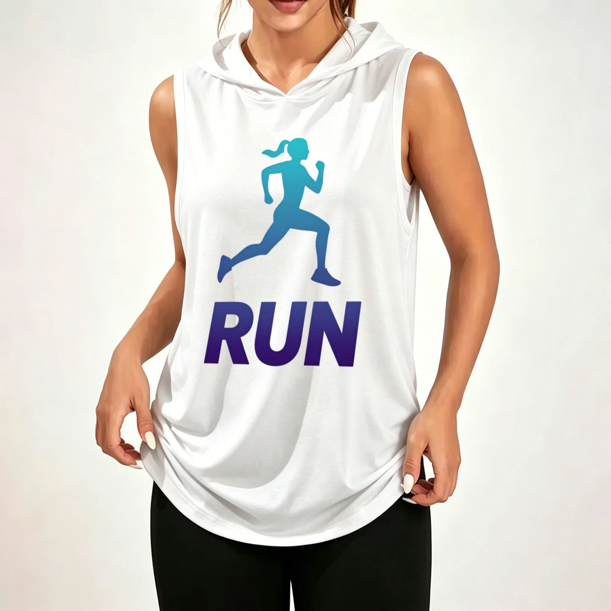 Sudadera sin mangas holgada unisex – Top deportivo de talla grande con letras “RUN” y gráfico de corredor con cola de caballo en estilo degradado (ideal para hacer ejercicio al aire libre)