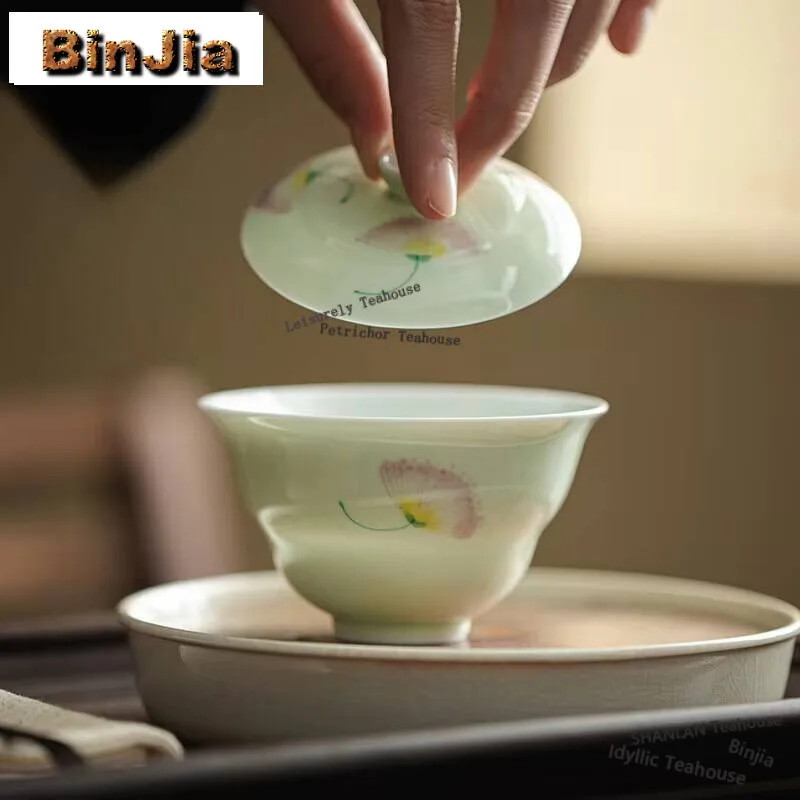 

130 мл дзен ручная роспись Ginkgo Gaiwan белые фарфоровые тонкие чайные турены для приготовления чая чаша китайский чайный набор подарок