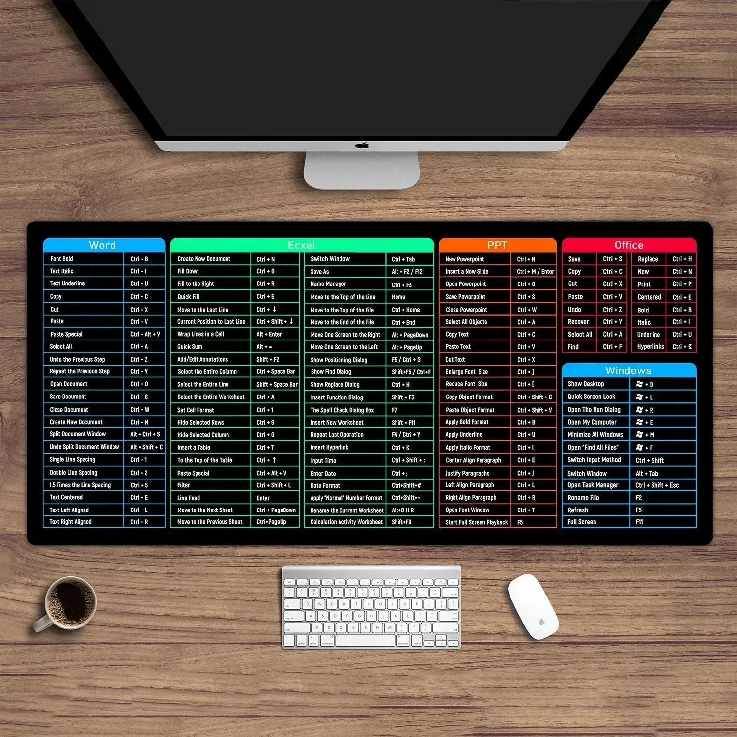 Gaming Mouse Pad, XXL Desk Mat, Non-Slip Base, Stitched Edges, Office Shortcut Keys Word_Excel_Ppt Color Block Printed Desk Mat