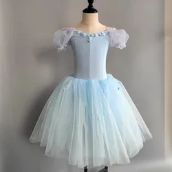 Puff Sleeve Romantic Tutu Skirts Ballet Tutus For Adult Girls Light Blue Long Ballerina Dress Women Dance Performance Costume