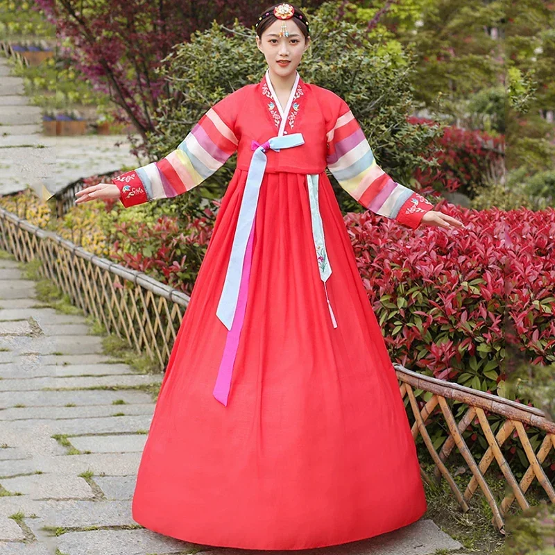 Yanji Korean Costume Women Improved Hanbok Embroidered Red Korean Costume Folk Dance Photo Summer