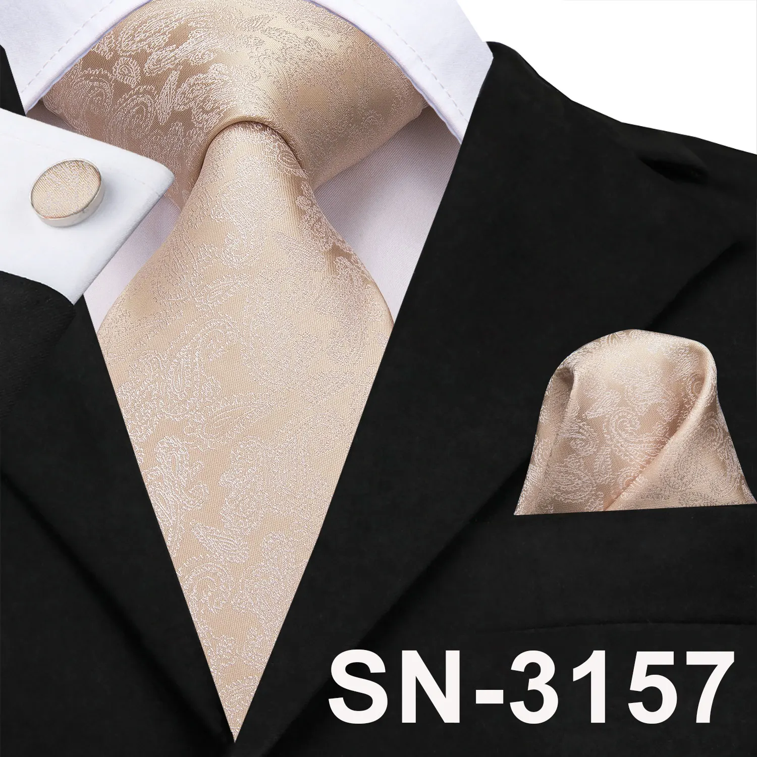 Men's Champagne Ivory White Solid Tie & Cufflinks Set, Wedding