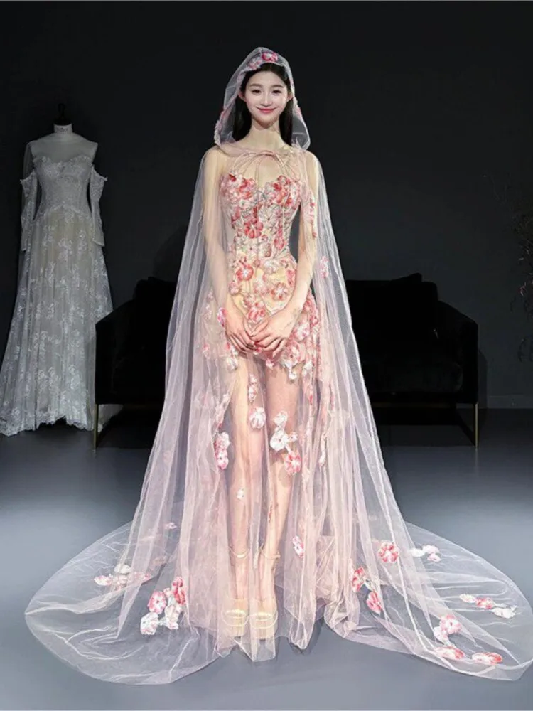 A new sweet pink light luxury morning dress