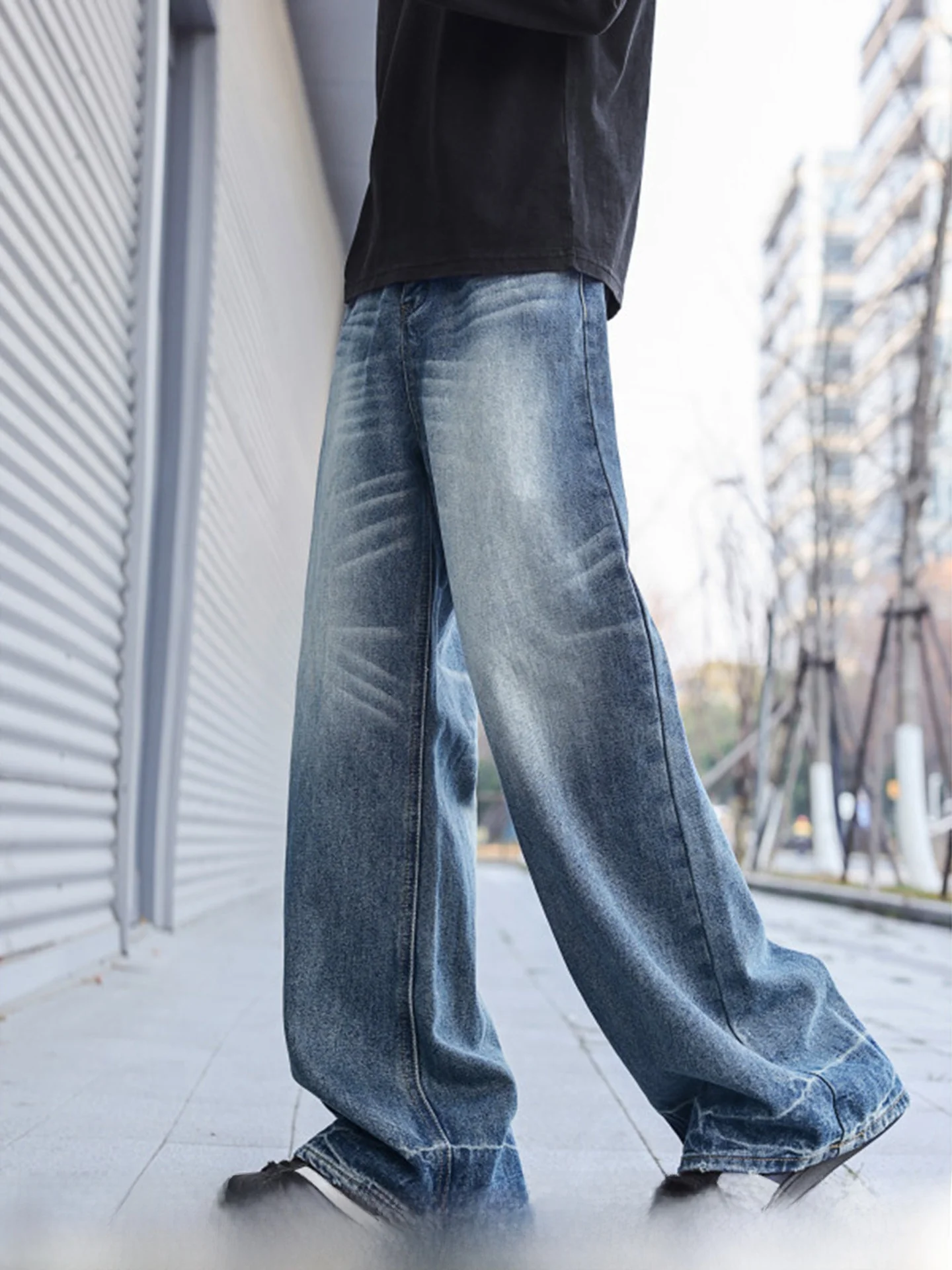 

Синие мужские джинсы с широкими штанинами, весенние, модные, свободные, прямые, повседневные, из смесового хлопка и полиэстера, легкие в уходе, прямые брюки-трубы