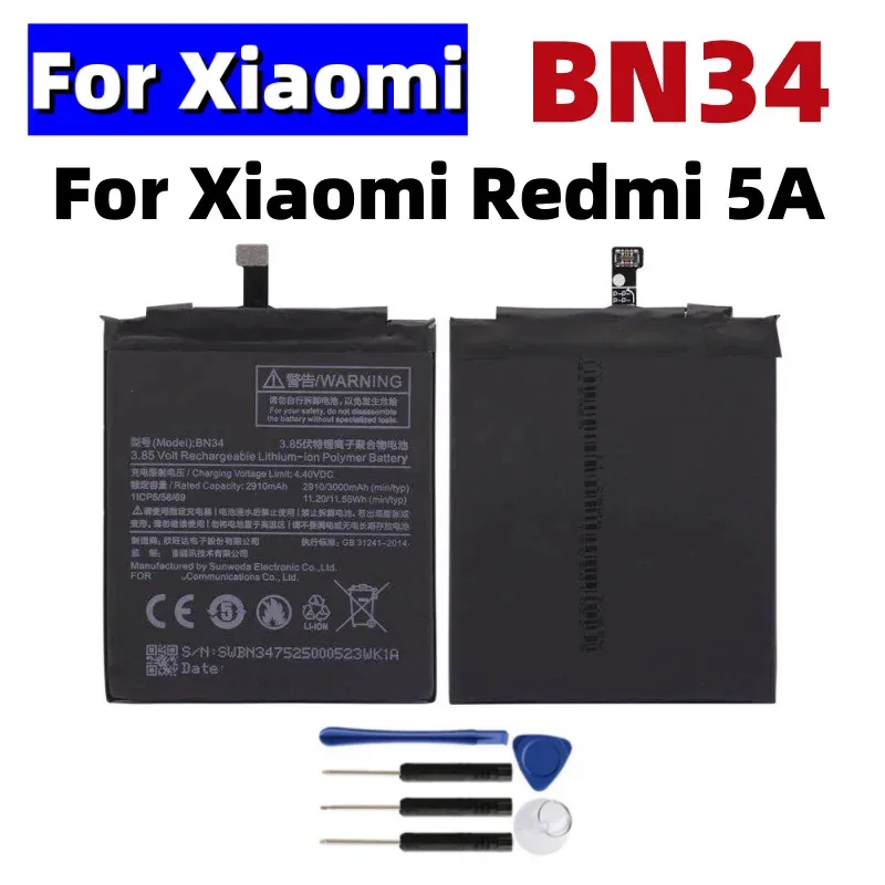 

BN34 3000mAh Battery For Xiaomi Redmi 5A 5.0" BN34 High Quality Phone Replacement Batteries + Tools