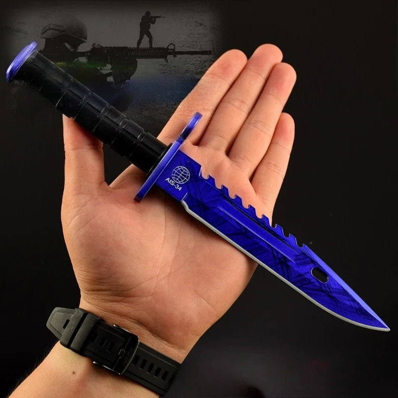 26cm/7.87in Game Peripherals Weapons Model M9 Doppler Blue Leather Case Training Knife Metal Craft Desktop Ornament Boy Gift toy
