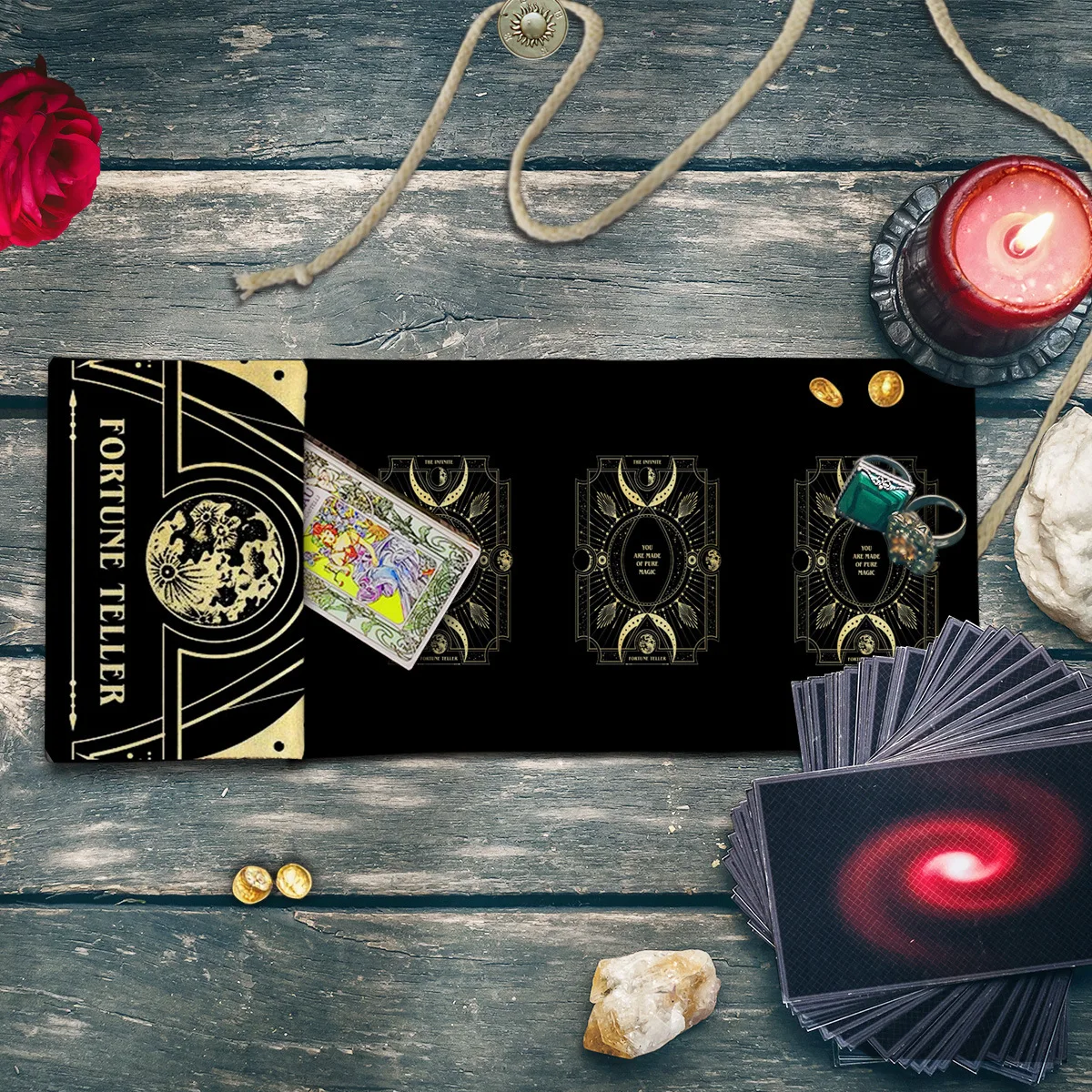 2‑in‑1 Black Gold Celestial Moon Tarot Pouch Bag Foldable Pre‑Printed 3‑Card Tarot Spread Divination Mat Card Storage Bag