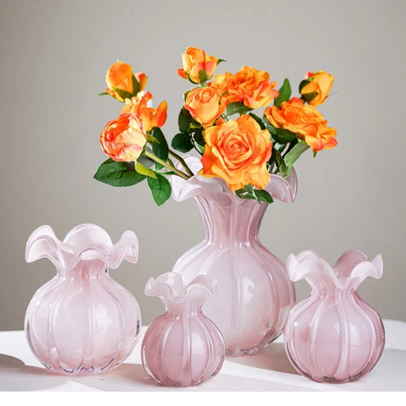 Glass Vase Purple Pink Lace Flower Arrangement Container Table Top Hydroponic Exquisite Dining Table Floral Vase Home Decoration
