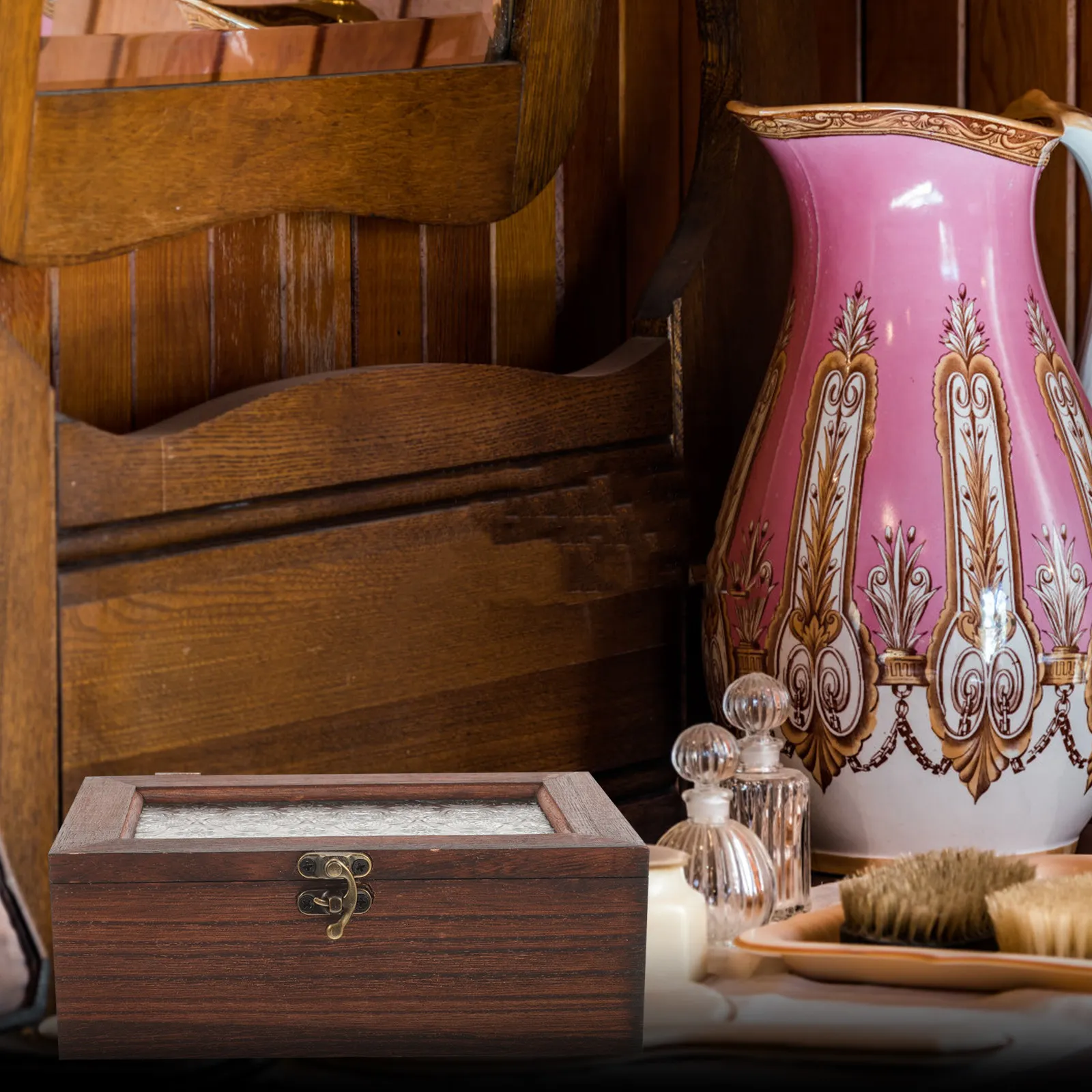 

Retro Wooden Jewelry Storage Box Clear Acrylic Lid Exquisite Style Trinket Organizer for Bedroom Dresser Gift Decoration
