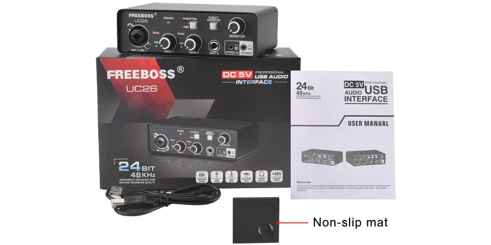 FREEBOSS Stereo Recording Audio Interface Guitar ASIO4ALL 3 Channels Input Monitor 48V External Usb Sound Card for Studio UC26