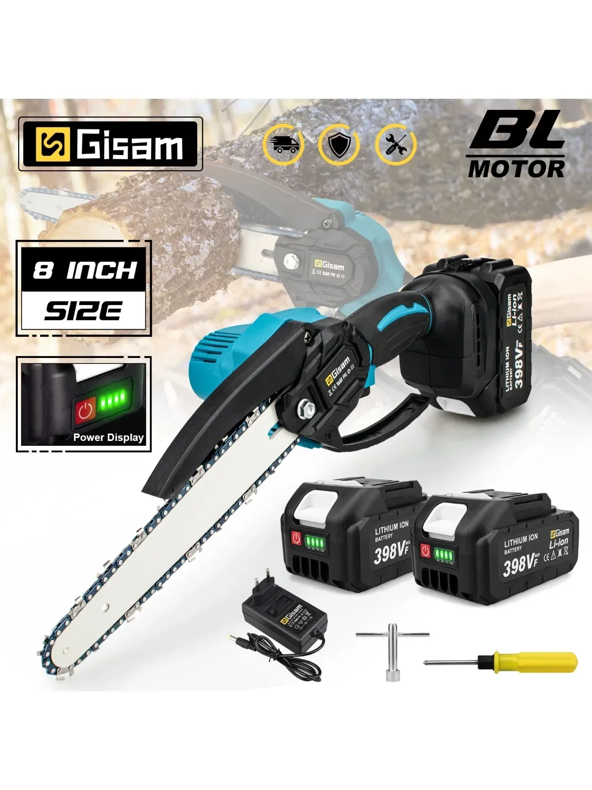 Gisam 8-calowa bezszczotkowa piła elektryczna akumulatorowa piła łańcuchowa ręczna ogrodowa piła łańcuchowa do wyrębu drewna elektronarzędzie do akumulatora Makita 18V Pin — 2