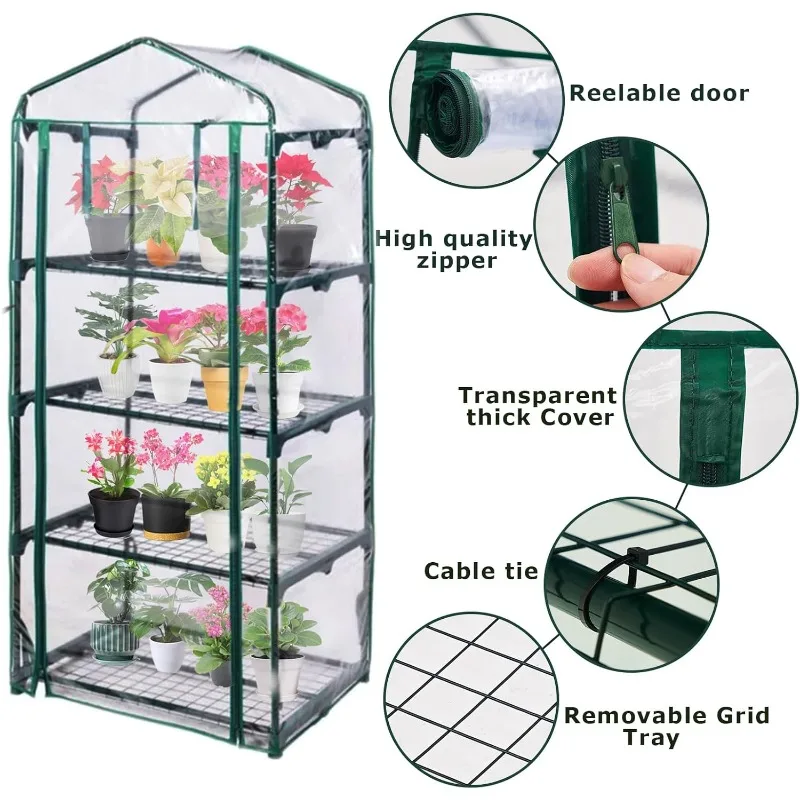 Mini Greenhouse for Indoor Outdoor, Plant Green House 4-Tier Rack Stand Portable Greenhouses with Durable PVC Cover for Seedling