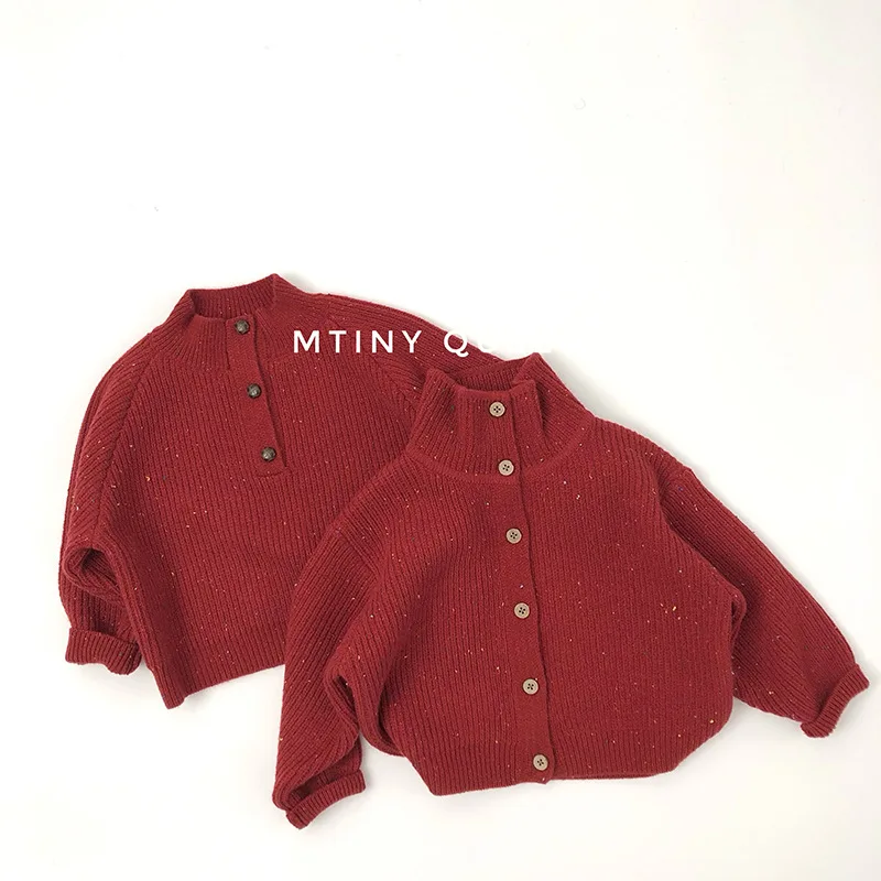 

Boys Girls Burgundy Speckled Knit Sweater, Stand Collar Button-Down Pullover, Stylish Warm Outfit for 2025 New Autumn Winter