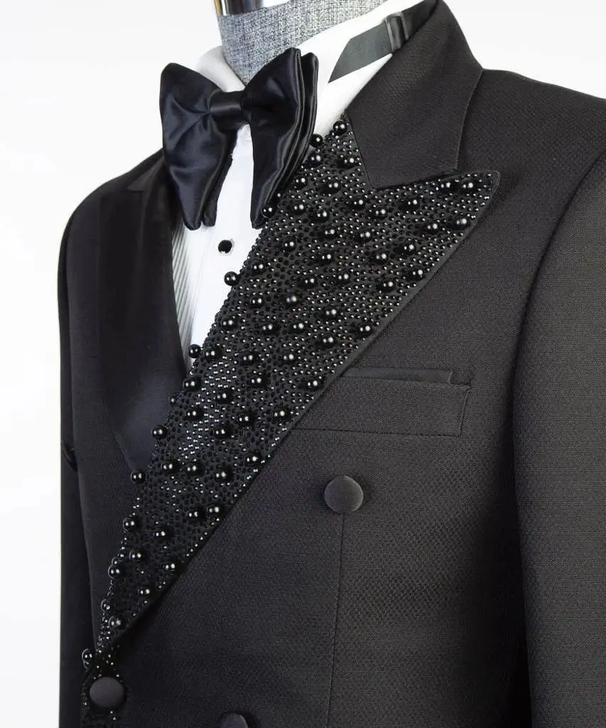 Blazer e calças de luxo com contas de cristal dos homens negros, casaco Double Breasted, jaqueta personalizada, smoking de casamento do noivo, 2 peças