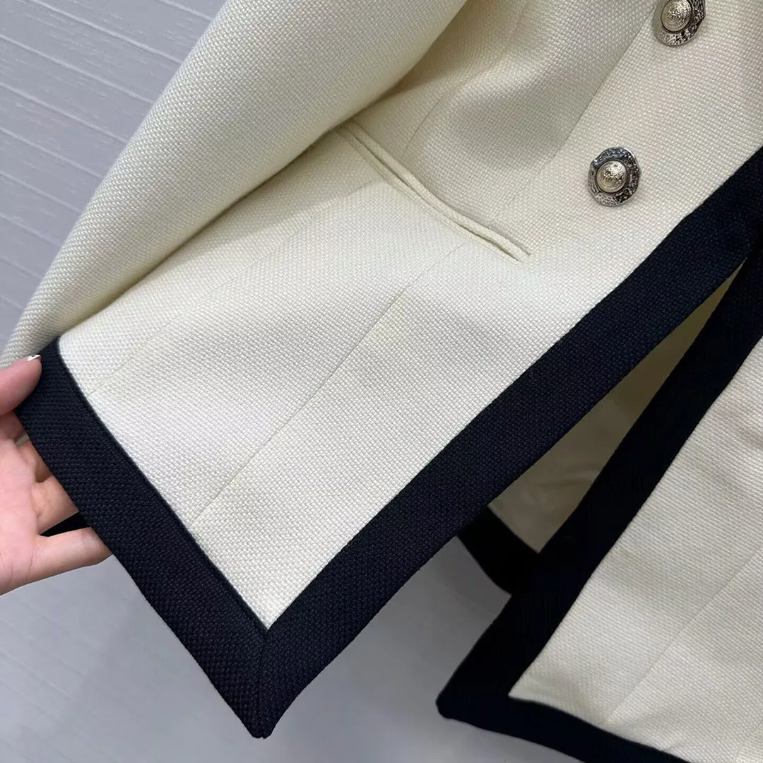 2025 New Autumn Fashion Meltal Double Breasted Blazer Jacket Women Preppy Style Stripe Line Notched Long Sleeve Slim Suit Coat