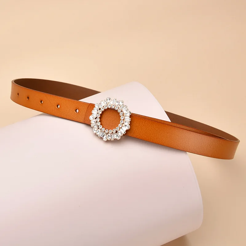 Rhinestone Slide Buckle Women Cowskin Belt Waistband Fashion Busines Women Simple Design cowhide Belt Jeans Strap Corset Leather