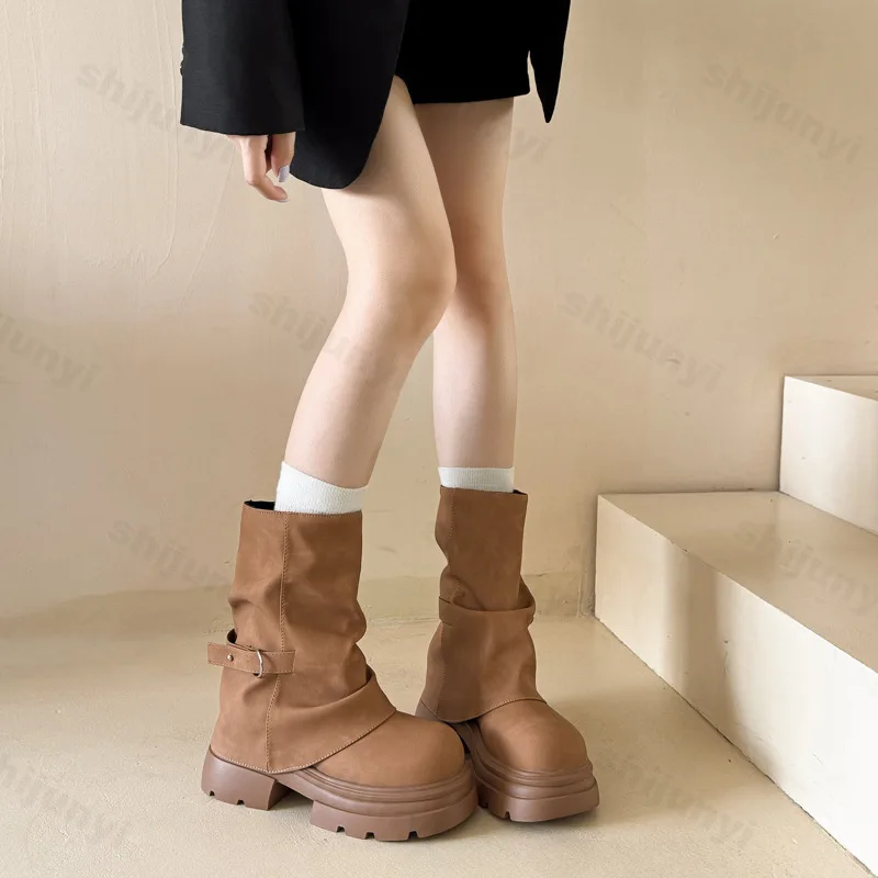 إمرأة حذاء من الجلد موضة ريترو البريطانية كعب سميك المضادة للانزلاق جولة تو المرأة أحذية بوت قصيرة براون مريحة في الهواء الطلق أحذية كاجوال