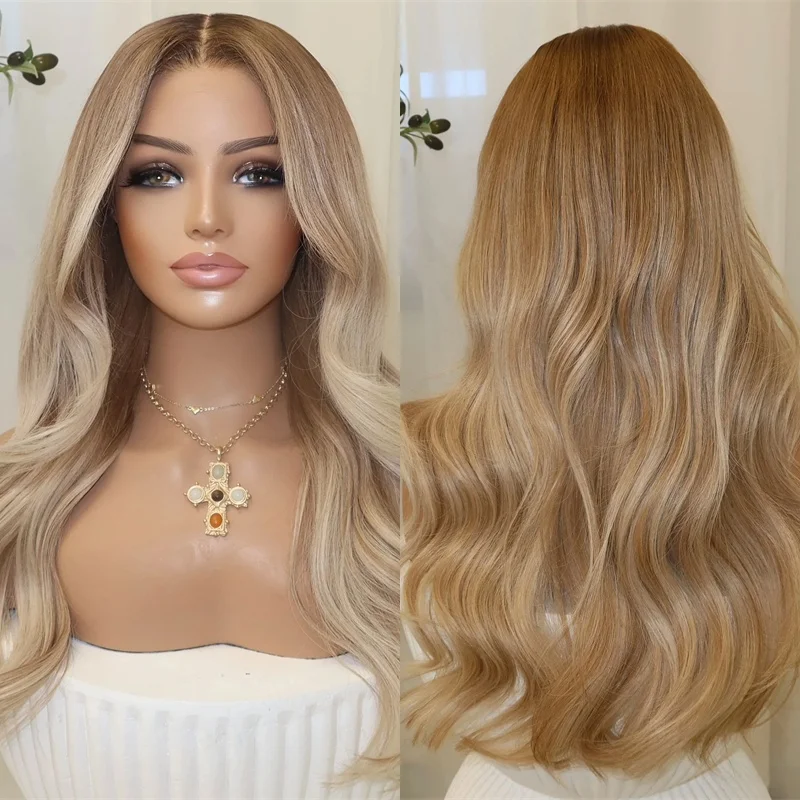 

Glueless Ombre Creamy Blonde Brown Synthetic Lace Front Wig with Roots Original Factory Cheap Wigs Natural Preplucked Hairline