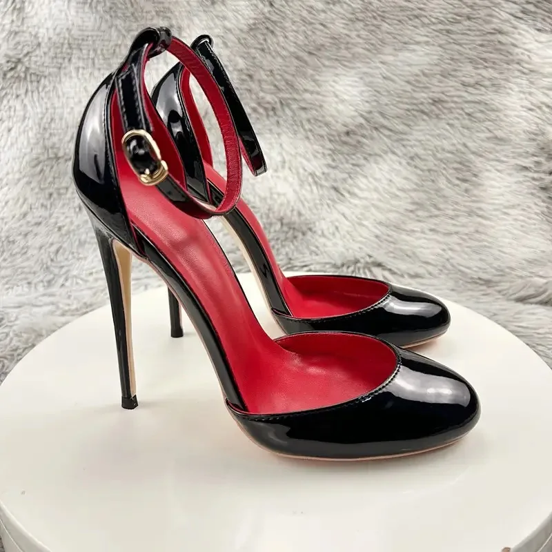 12cm High Heels Cute Mary Jane Red inside Patent Leather Ankle Strap Stilettos Round toe Pumps Party Shoes Ladies Size33-46