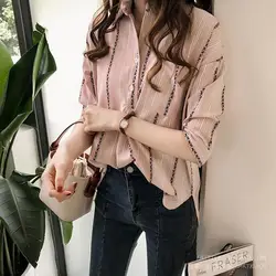 Koreaanse Vrouwelijke Casual Gestreepte Gedrukt Blouse Mode Zomer Pendelen 3/4 Mouw Alle-Match Polo-Hals Button Shirt Vrouwen kleding