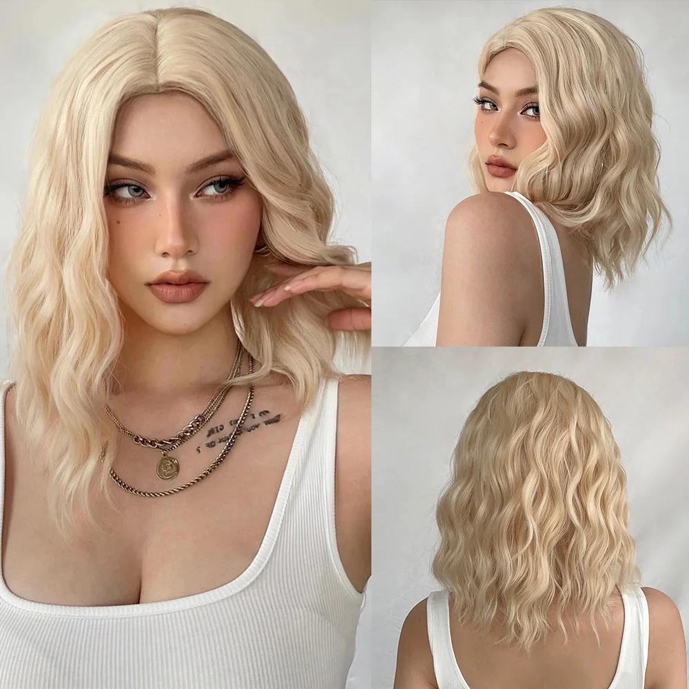 Light Golden Short Wavy Bobo Wig Blonde Synethetic Natural Hair Wig for Women Daily Cosplay Heat Resistant Middle Part Wig