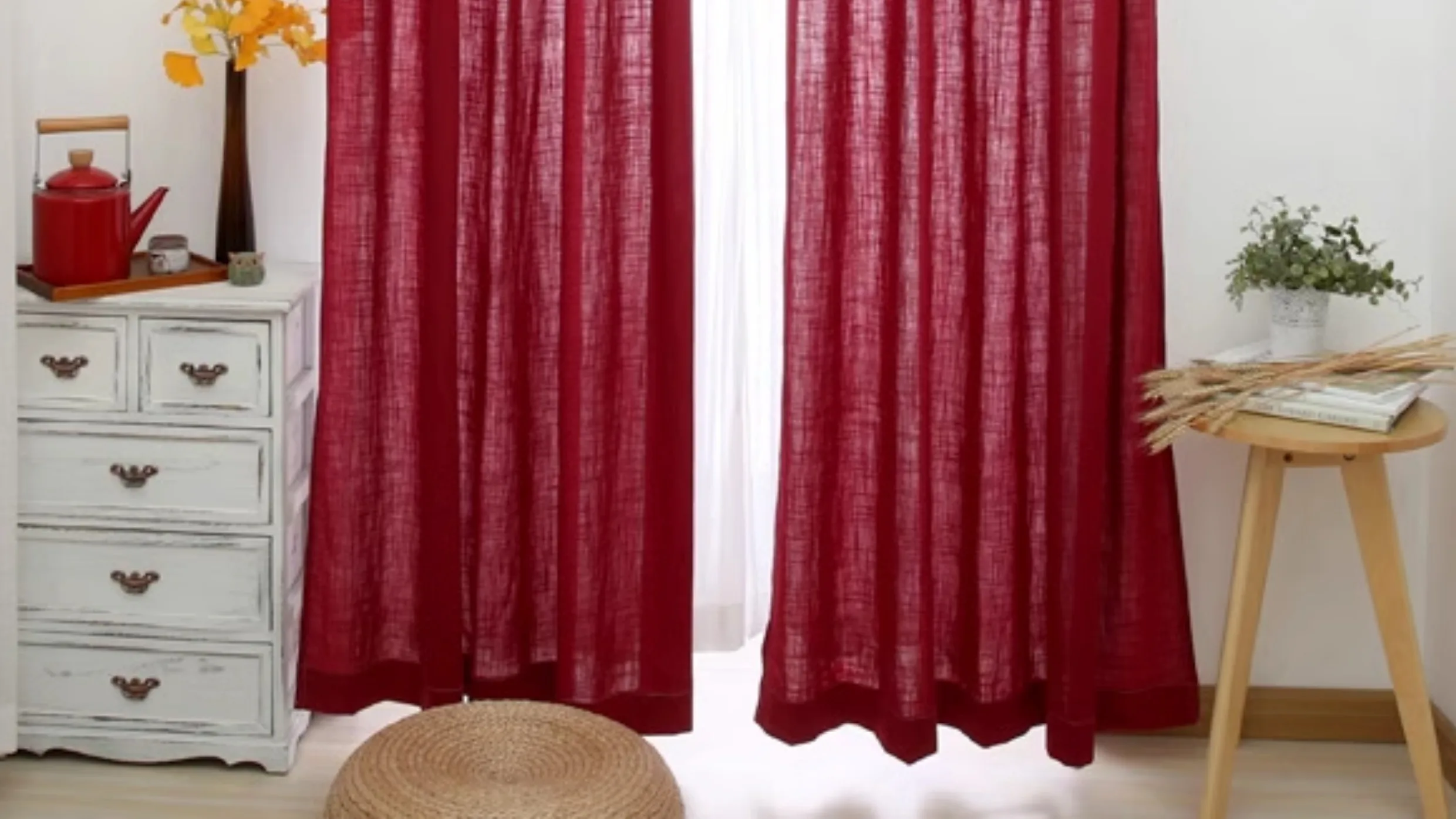 Retro Burgundy Cotton and Linen Curtains B&B Curtains for Living Dining Room Bedroom