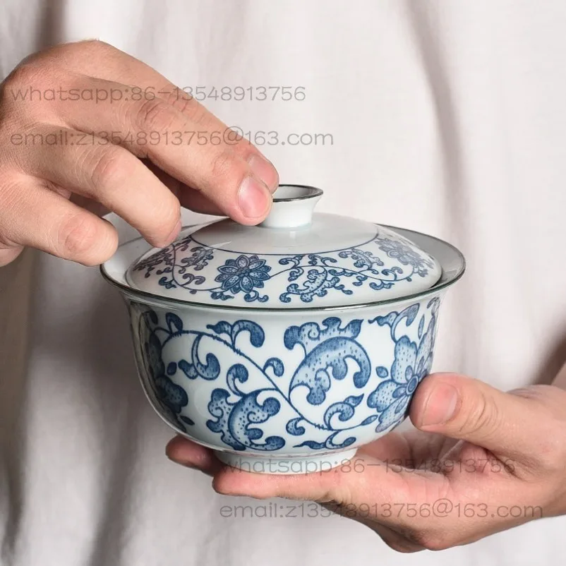 Super Large 450ml Cover Bowl Blue and White Porcelain Ercai Bowl Large Capacity Ceramic Brewing Bowl Tea Chinese Retro