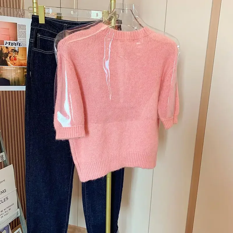 Korejpaa Pullover Sweater 2024 Early Spring Pink Women Clothes Sweet Letter Print Round Neck Pull Femme Outwear Casual Tops