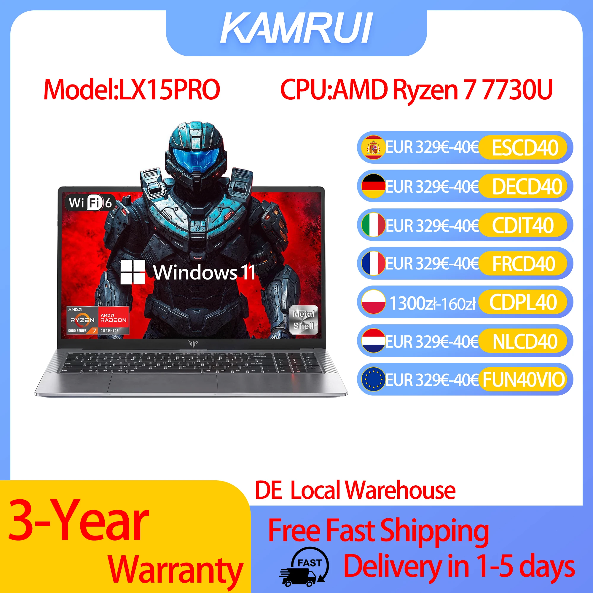 Ordinateur portable de jeu KAMRUI 15,6 pouces avec AMD Ryzen 7 7730U 16 Go 512 Go Windows 11 Ordinateur portable haute performance Radeon WiFi 6