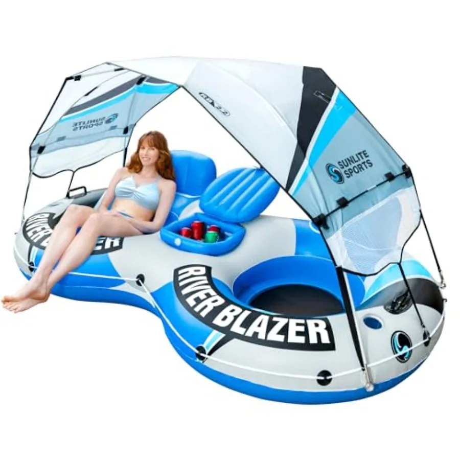 

River tube with canopy for 1 or 2 person heavy duty PVC inflatable water float in blue, UV-resistant canopy, cup holders, loung