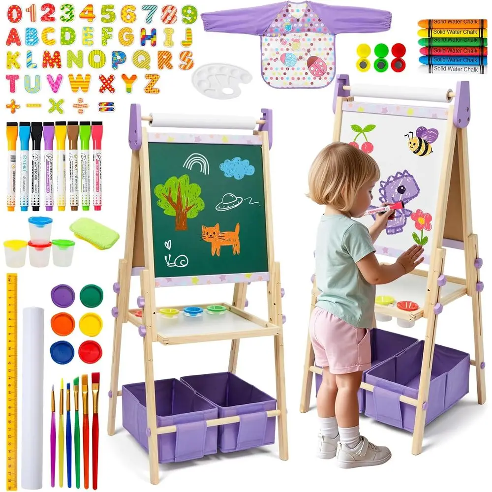 

Height-Adjustable Dual-Sided Art Easel with Magnetic Whiteboard, Chalkboard, and Roll Paper for Kids Aged 3-8 (Art Supplies Incl