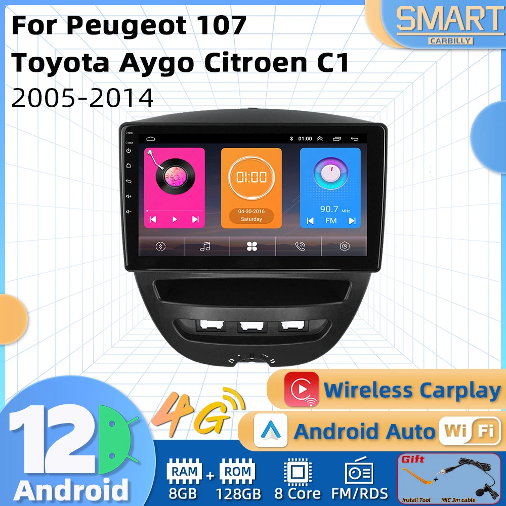 

Автомобильный мультимедийный плеер для Peugeot 107 Toyota Aygo Citroen C1 2005-2014, Android 2-диночное радио, стерео экран, навигация, GPS Carplay