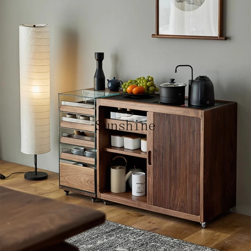 

North American black walnut tea cabinet mobile storage display cabinet small apartment household kettle integrated