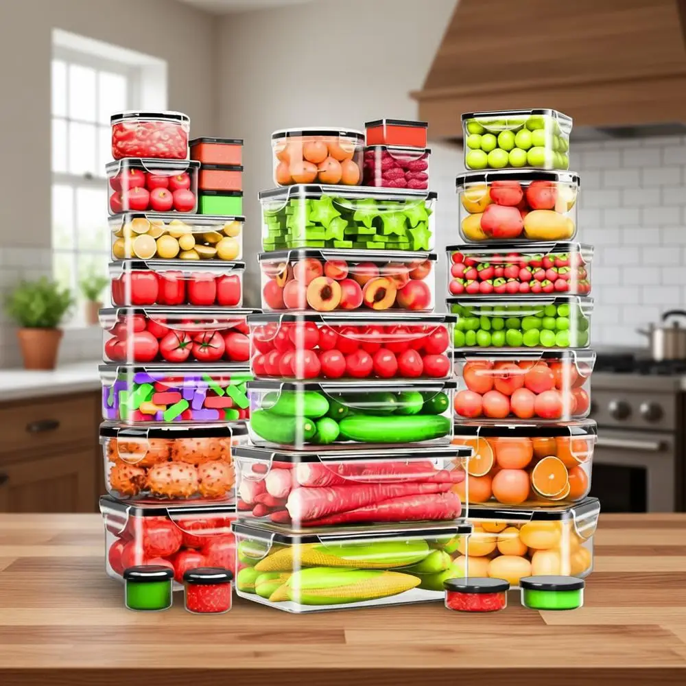 

Набор из 62 больших герметичных контейнеров для хранения продуктов с крышками, 656 унций, без бисфенола-А, многоразовые, для приготовления еды и организации кухни