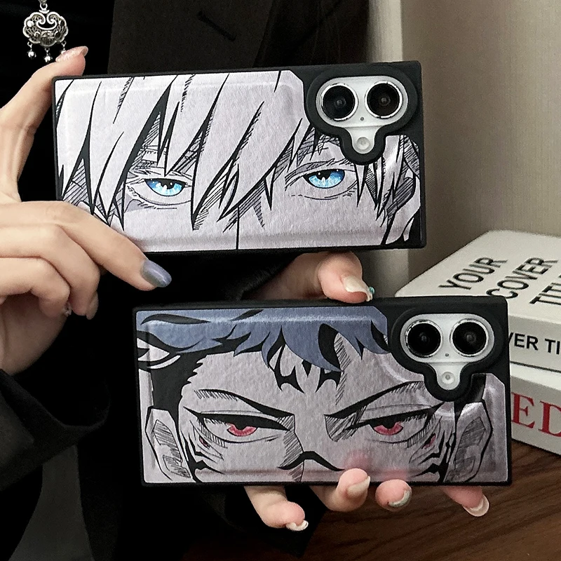 Luxury Leather Anime Jujutsu Kaisen Satoru Gojo Square Case For iPhone 16 15 14 13 12 11 Pro Max Plus Protection Hard Back Cover