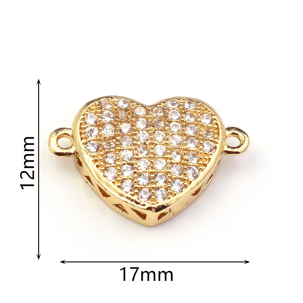 2pcs/lot 12X17mm Metal Charms Copper Inlaid Zircon Heart Double Hole Charms For DIY Jewelry Making Neckalce Bracelet Accessories