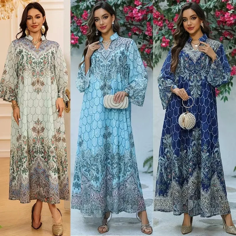 Faionable bestickte bedruckte Robe Dr. Langer A-Linien-Rock Hohe Taille V-Ne Sommersaison Pflanzenblumenmuster Damen Dr