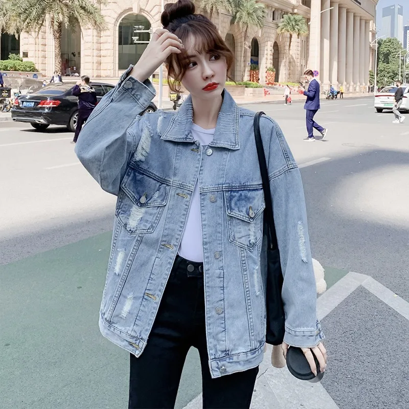 Women's Clothing Embroidery Printed Denim Jacket Spring Autumn Coat Hip-hop Streetwear Loose Single-breasted Jacket Long Sleeves