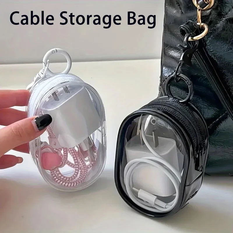 Portable Transparent Cable Storage Bag with Keychain Mini Waterproof Organizer Pouch for Charger Earphone Data Cable