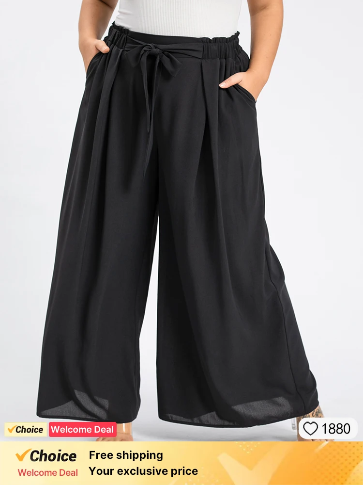 Plus Sized Clothing Women Paperbag Waist Belted Wide Leg Pants with Pockets Loose Trousers Adjustable Knot Solid Daily Suit