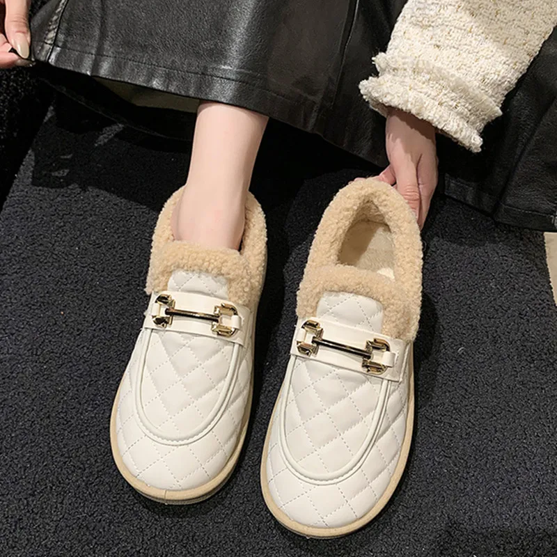 

New Winter Warm Loafers Women Slip-on Women's Plush Moccasins White Fashion Cotton Shoes Women Low-cut Cozy Female Flat Shoes