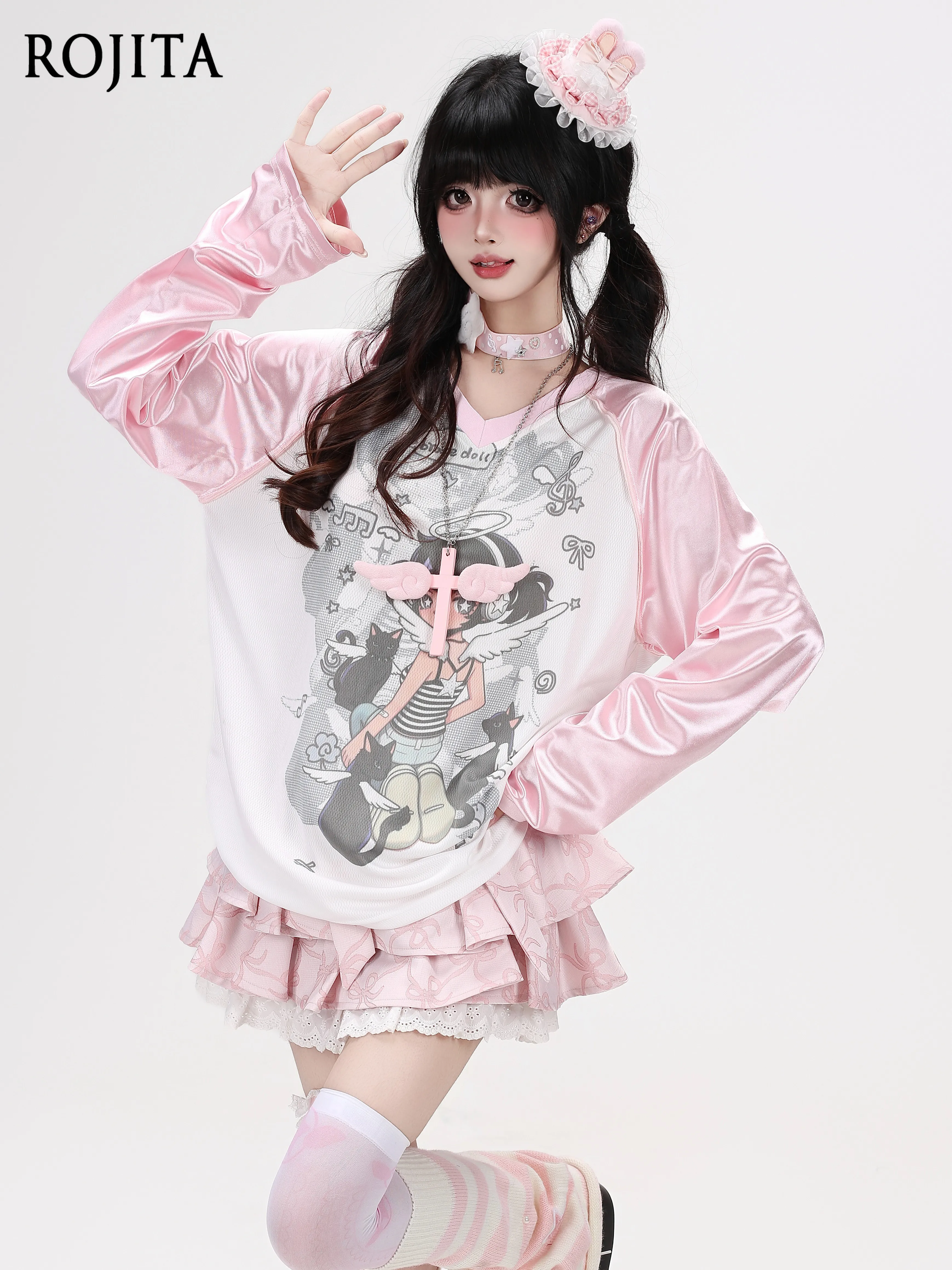 Sweet and Cool V-neck Girlish Flare-up Loose Design Tee Sweet Girl Breathable Base Layer Long-sleeve T-shirt for Autumn