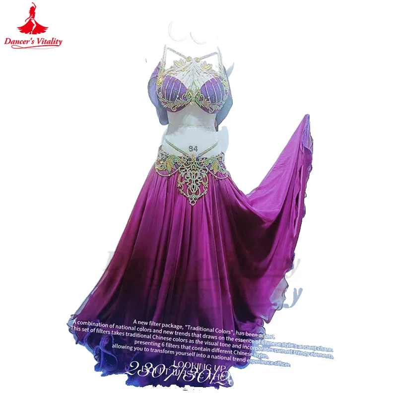 Belly Dance Performance Costume Set Women Customsized Senior Stones Bra+sleeves+long Skirt 3pcs Adult Children Bellydance Outfit