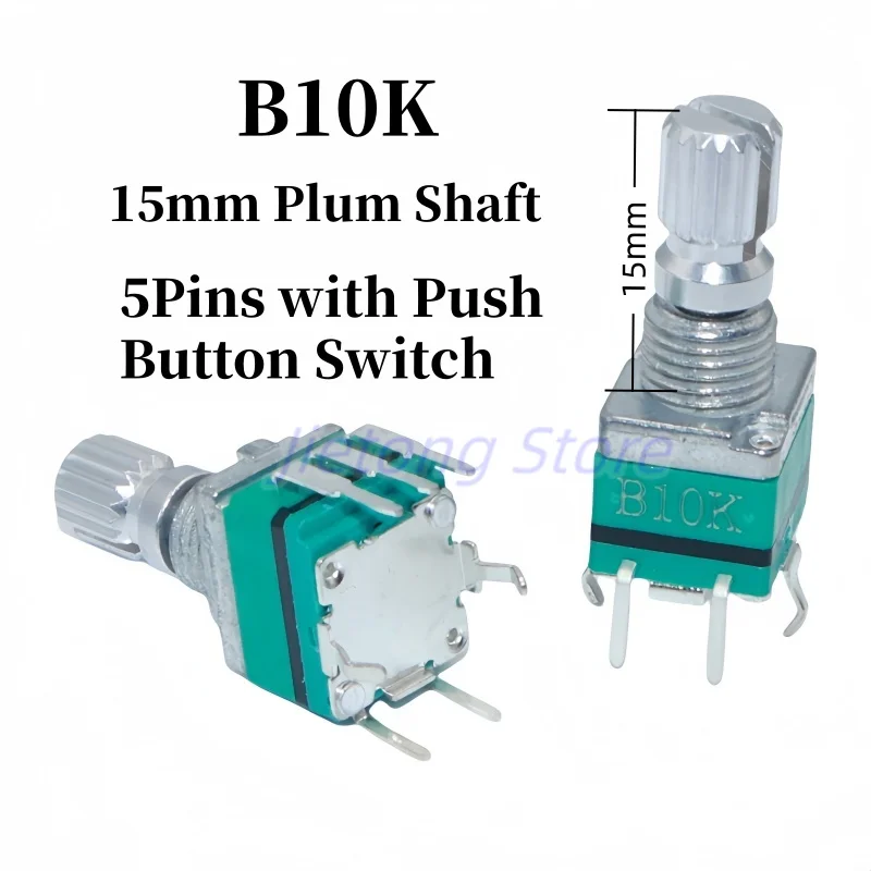 5pcs RV097 Potentiometer B10K Single-Channel 5Pins with Push Button Switch for Volume Control in Vehicles 15mmShaft