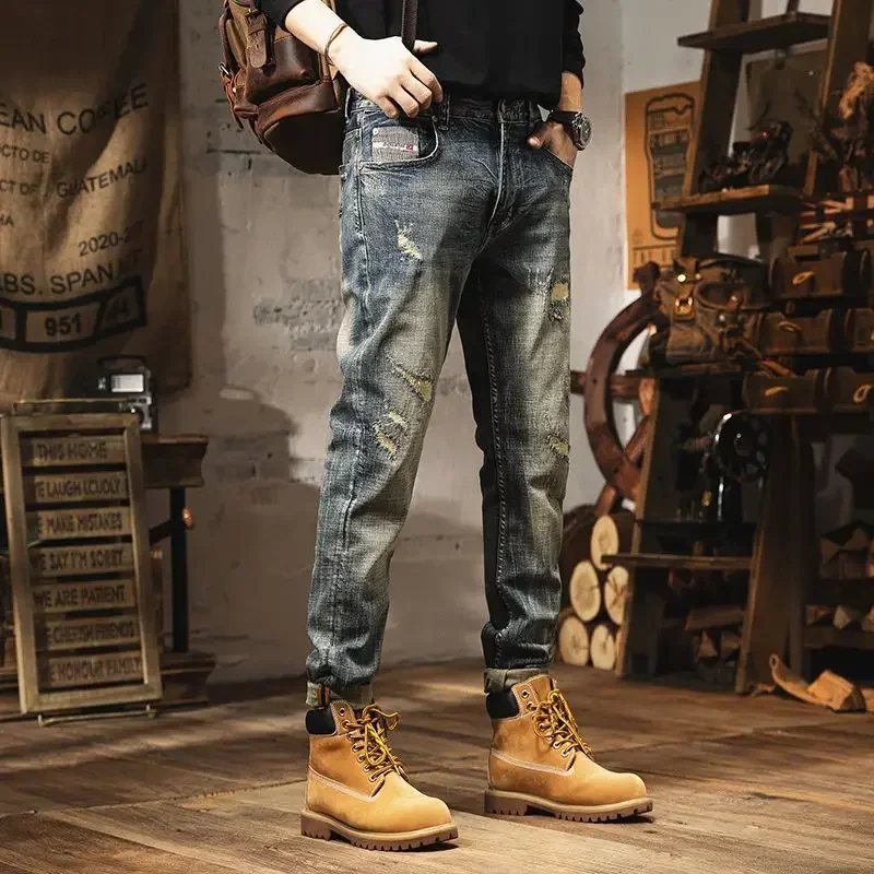 Jeans rasgado masculino com buracos, calça de cowboy cônico, carga rasgada, roupa casual regular de alta qualidade, Y2K, anos 2000, quebrada