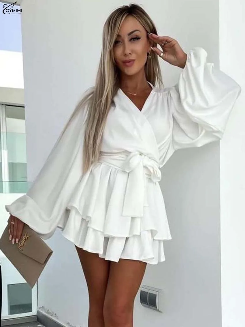 

Oymimi Fashion White Loose Dresses 2025 Woman Casual V-Neck Long Sleeve Lace-Up Dresses Autumn New Pleated Mini Dress Streetwear