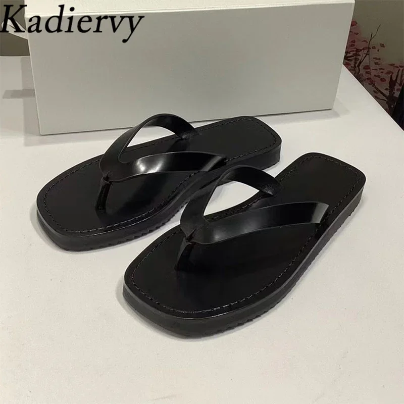 Flip-Flops Summer Flat Slippers Women Holiday Beach Shoes Woman Genuine Leather Black Wine Red Comfort Slides Woman